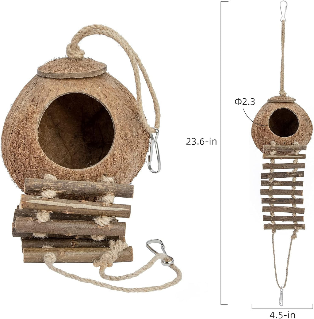 Natural Coconut Hideaway with Ladder, Bird and Small Animal Toy (House with Ladder, Natural Surface)