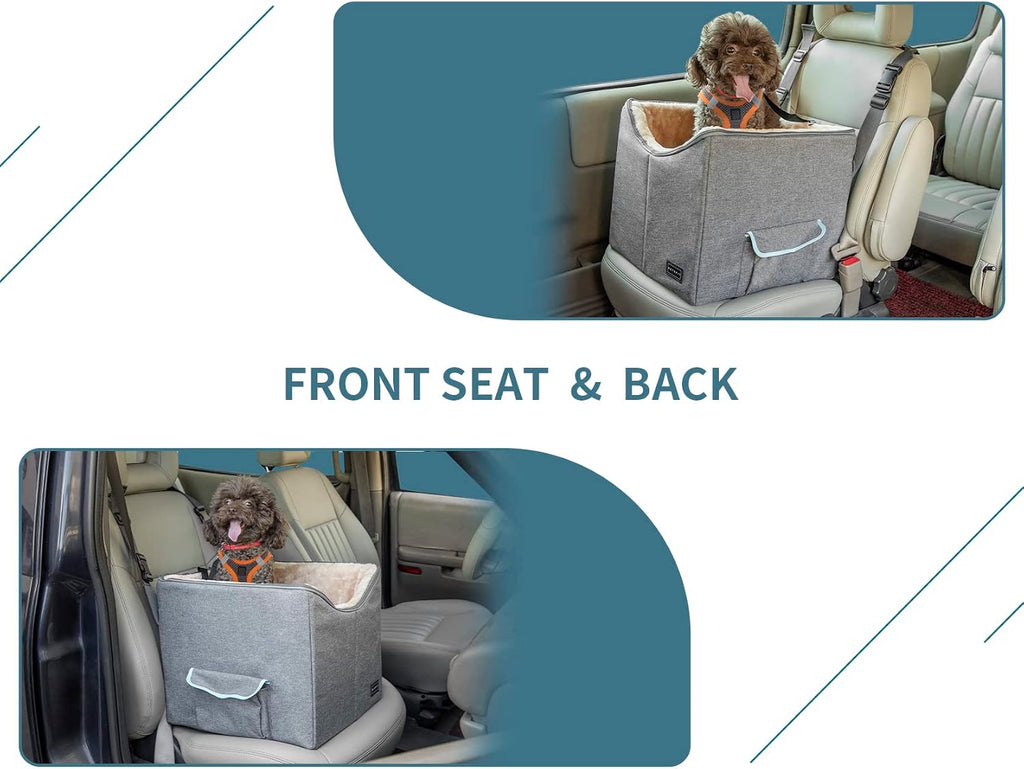 Small Dog Car Seat, Pet Travel Car Booster Seat with Safety Belt, Washable Double-Sided Cushion and Storage Pocket for Small Pet (Small, Light Grey)