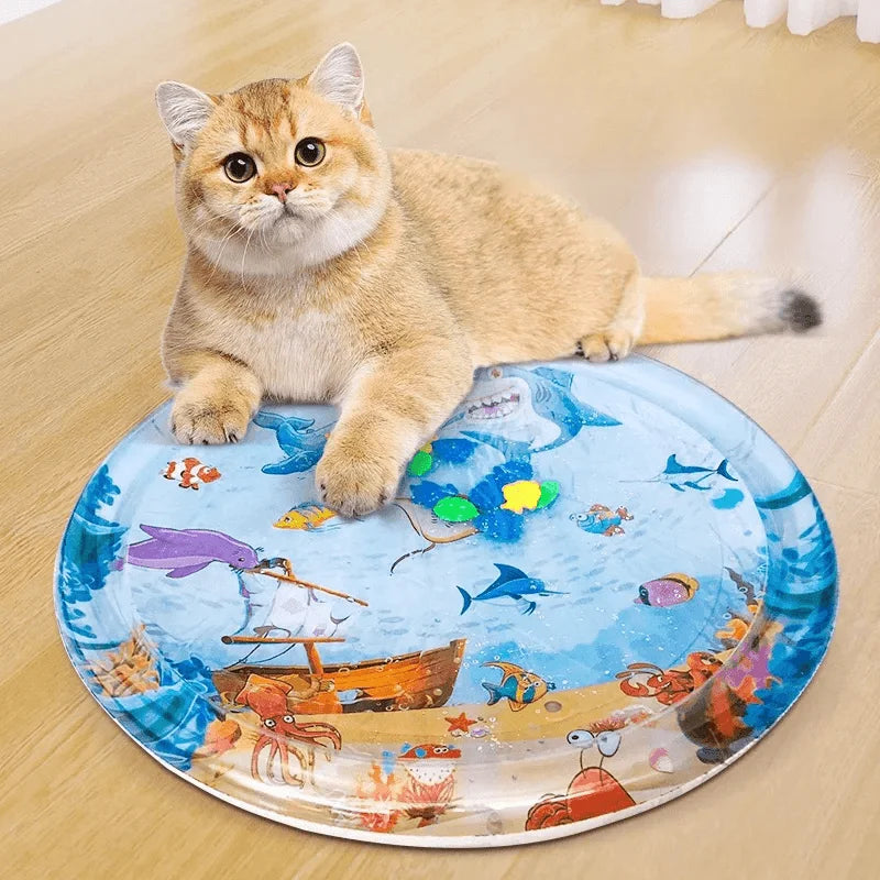 Cat Playing Water Mat Sensory Water Play Mat for Cat Pvc Ocean Fish Crawling Induction Cat Playing Water Mat Interactive Cat Toy
